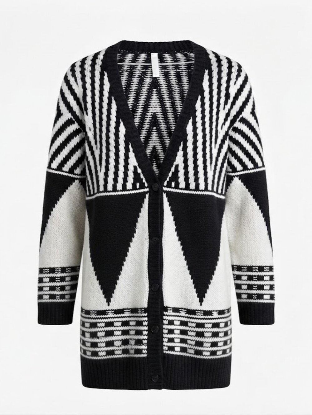 COTTON Indigenous Long Knit Cardigan Black White Geometric V-Neck Open Sweater